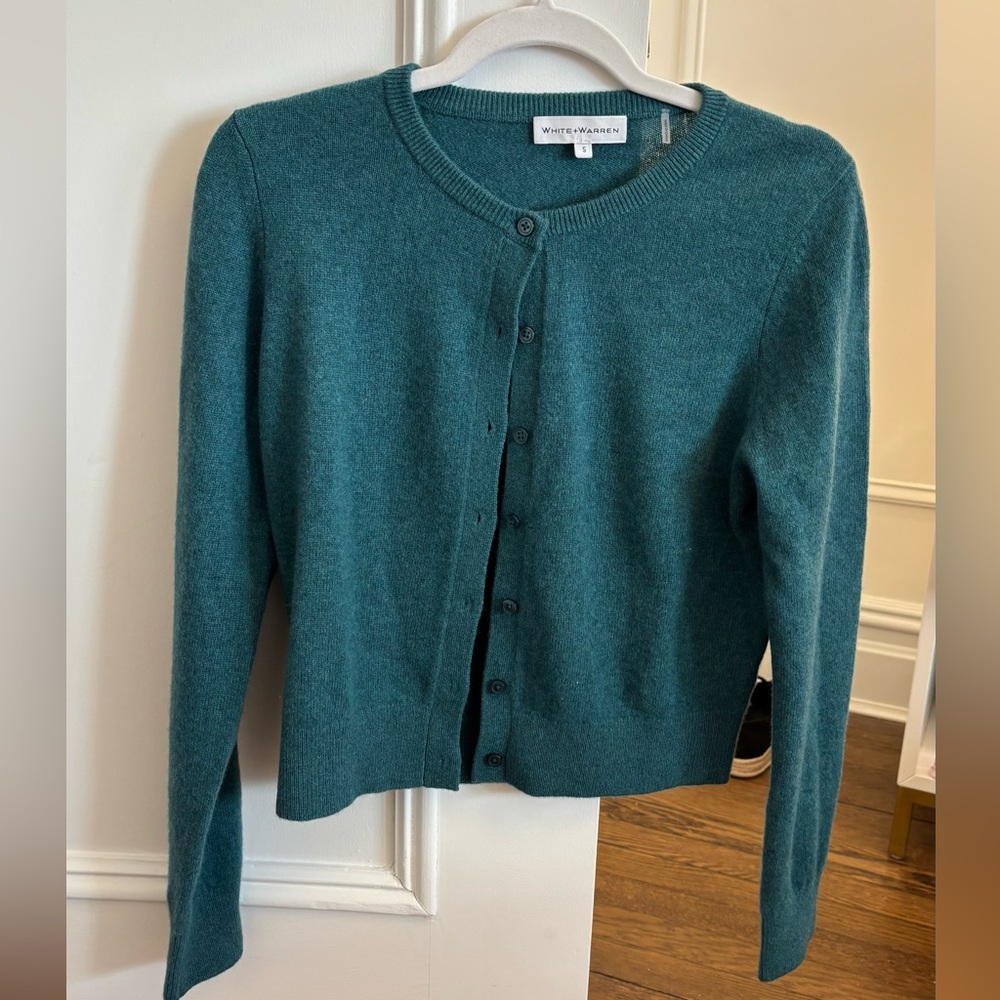 White + Warren Teal Button-Front Cashmere‎ Cardigan